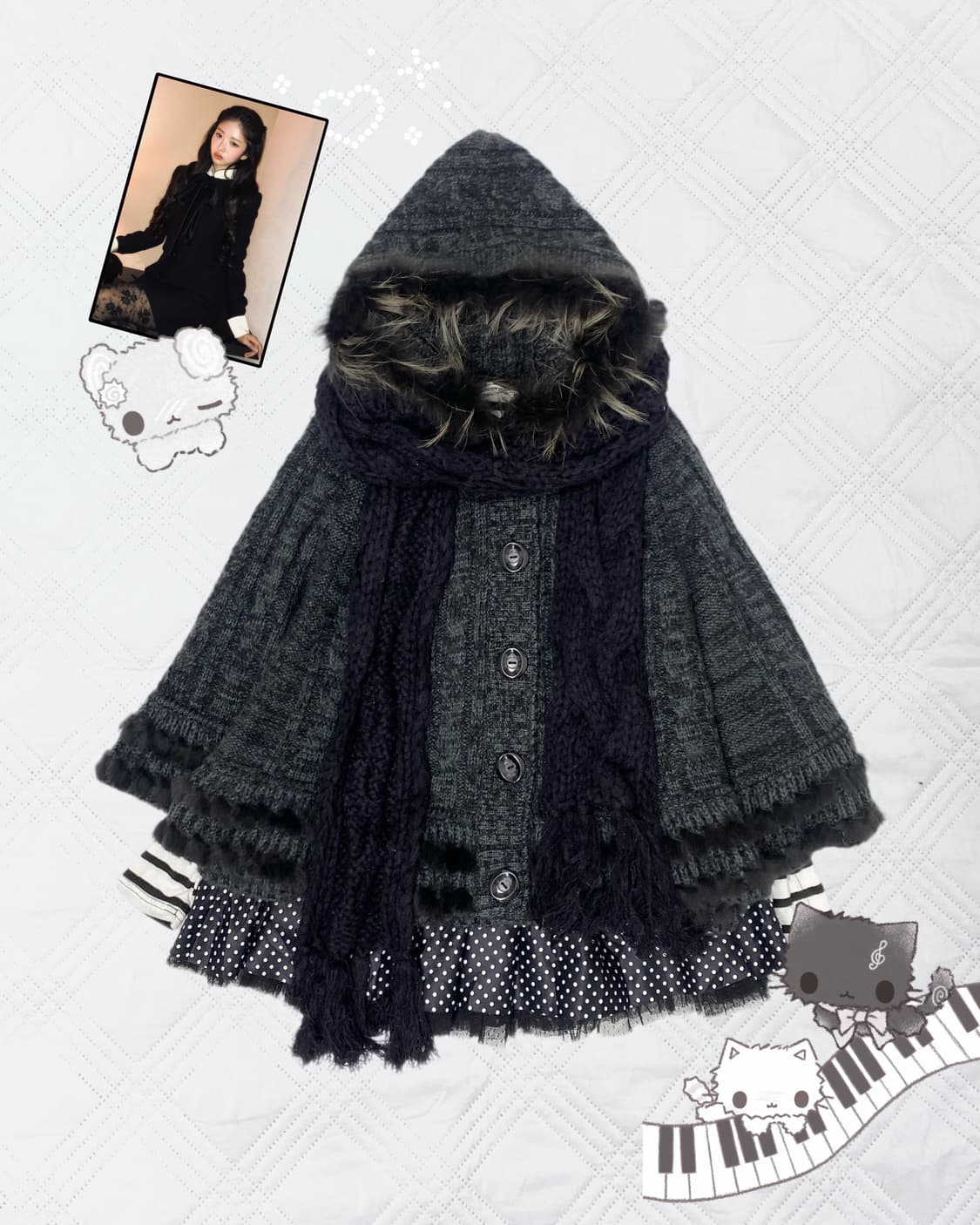 ꒰ঌ 도트 블랙 캣 케이프 세트 ໒꒱ 상품이미지1