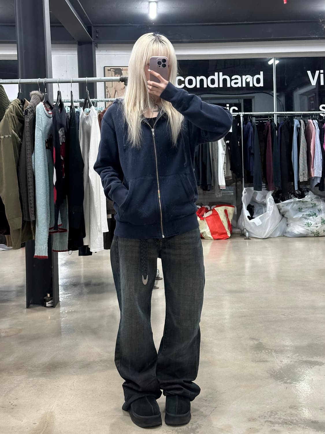 스투시 네이비 올오버 스티치 로고 후드 집업 상품이미지2