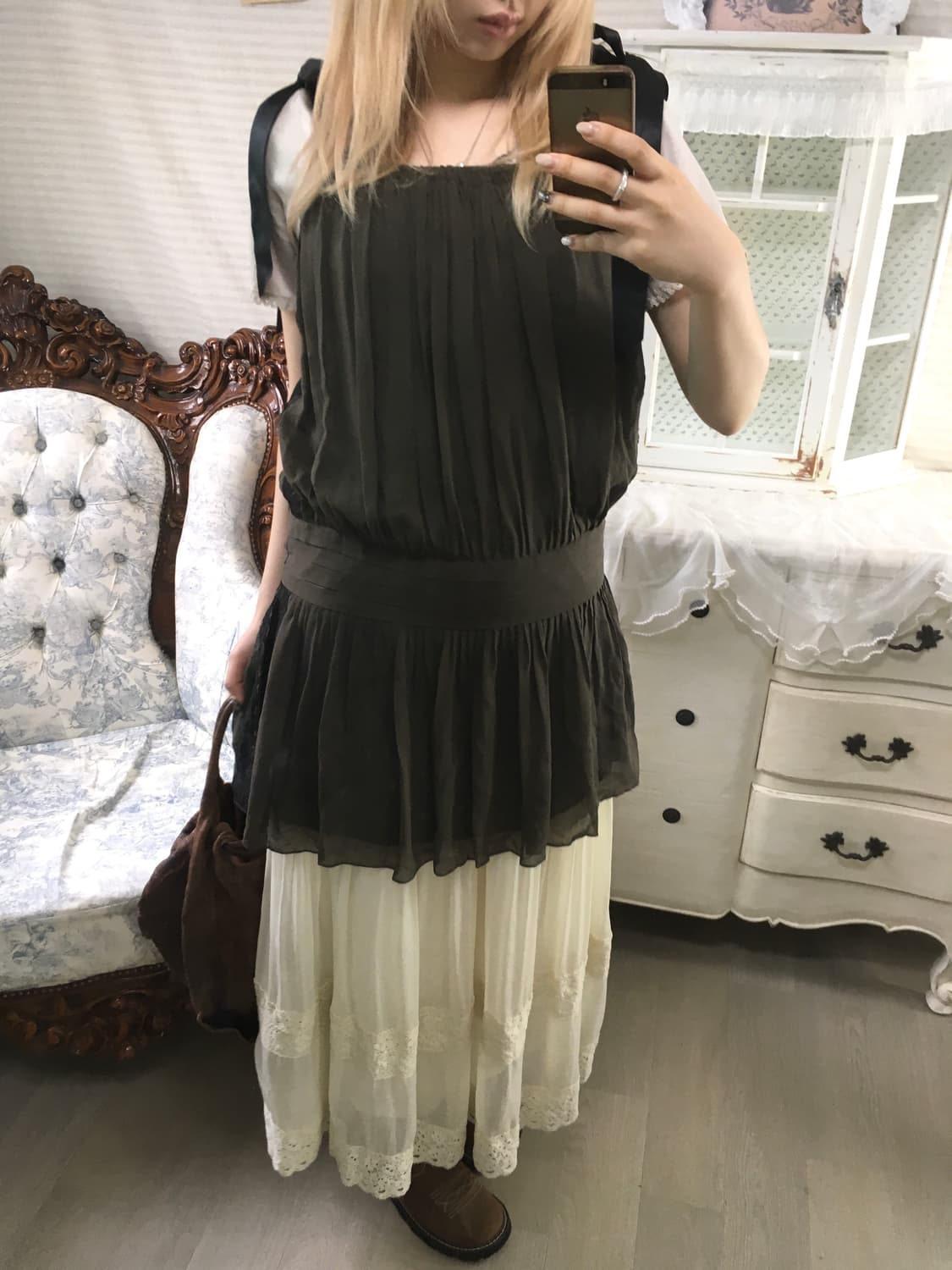 빈티지 아카이브 카키 레이스 리본 원피스 상품이미지3