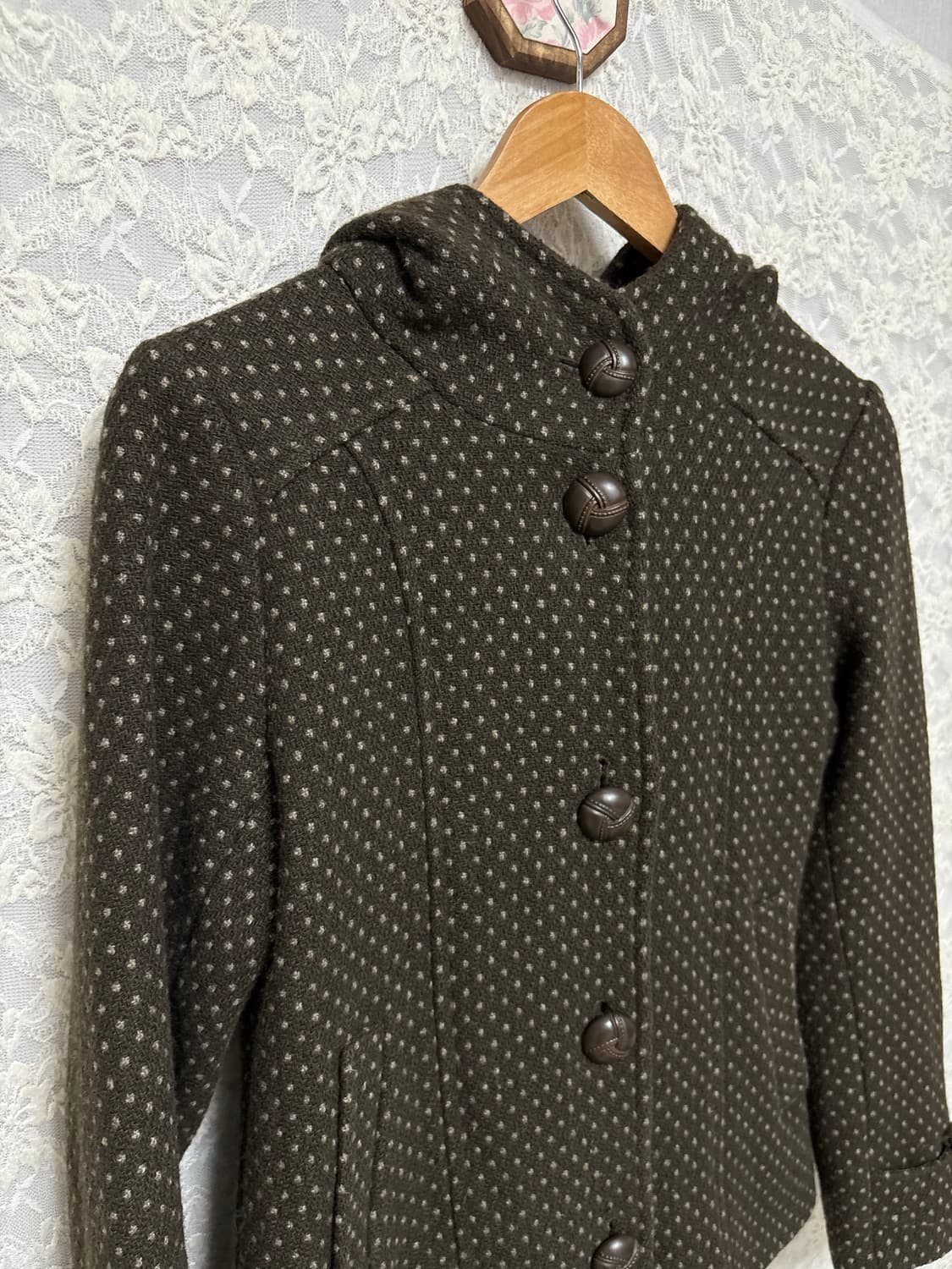 카키브라운 도트 후드 코트 상품이미지5