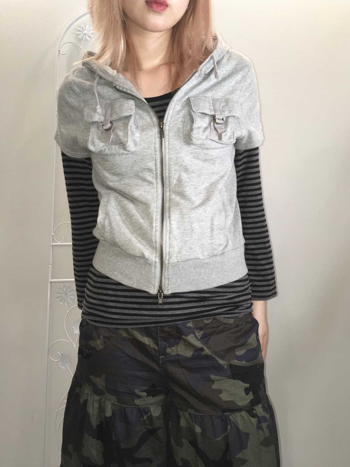 Set) y2k grey cargo hood zipup+ stripe t 상품이미지1