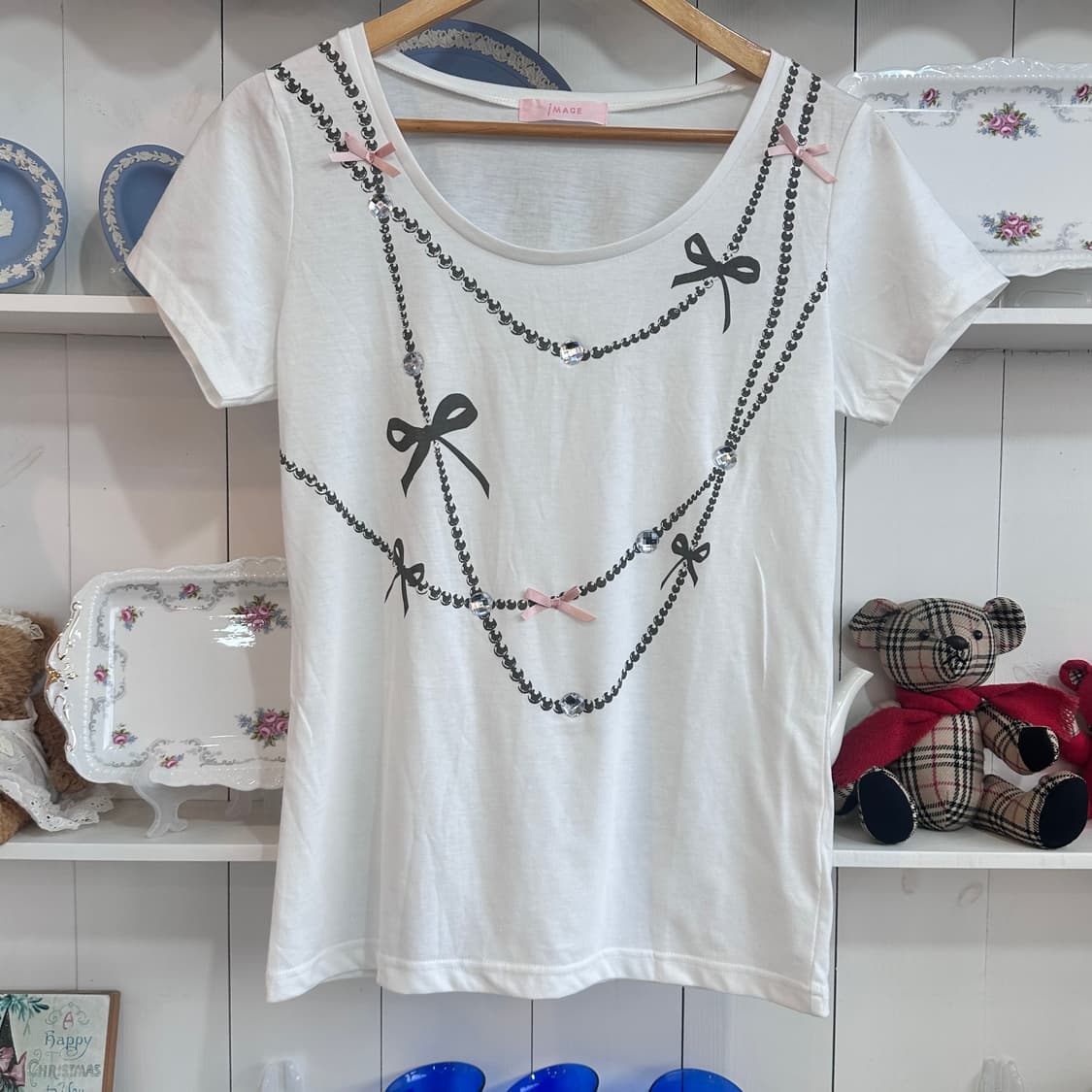 IMAGE 화이트 리본 프린팅 반팔 티셔츠 상품이미지1