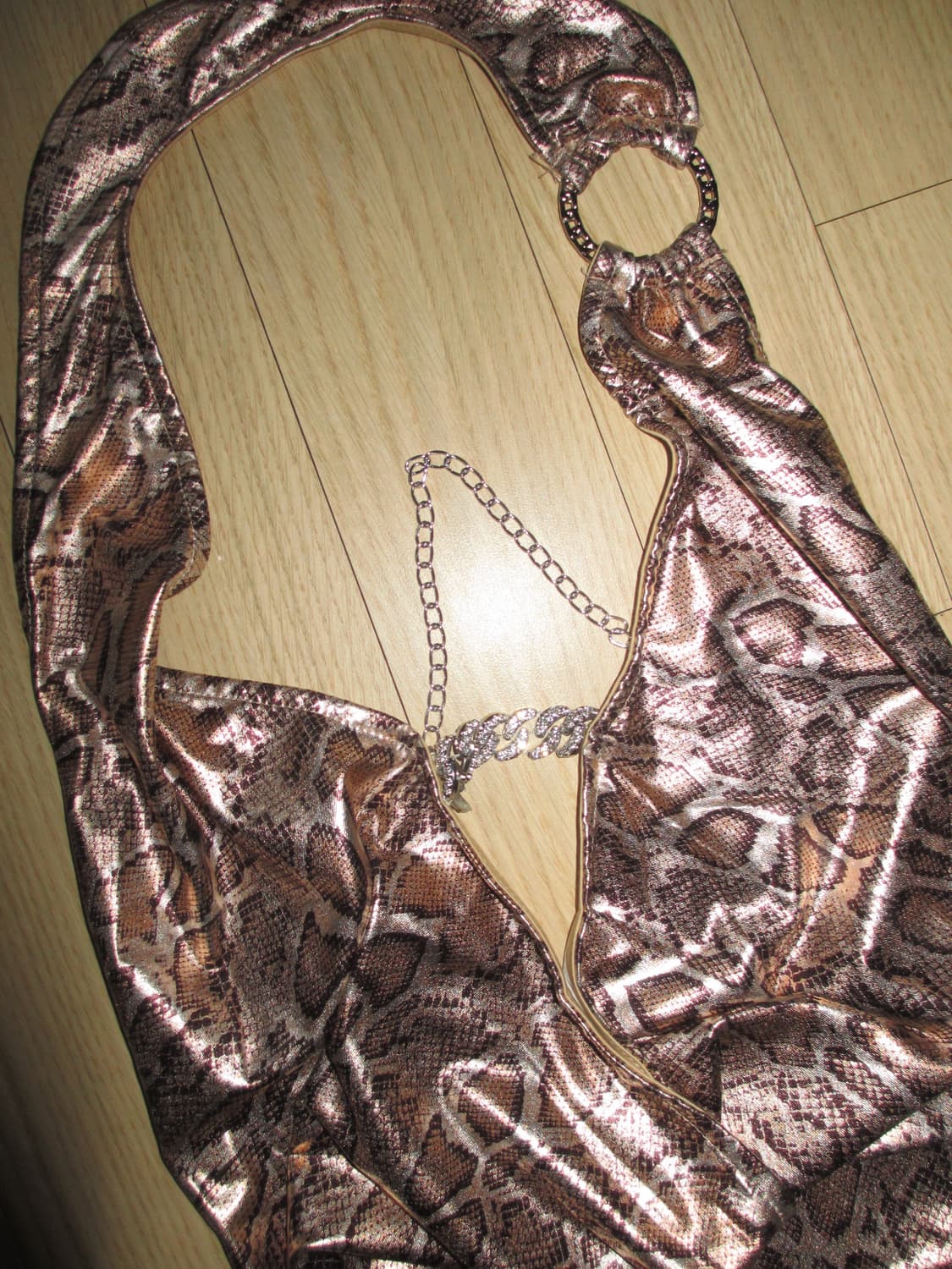 Y2k 뱀피 패턴 브라운 홀터넥 큐빅 미니 원피스 상품이미지2