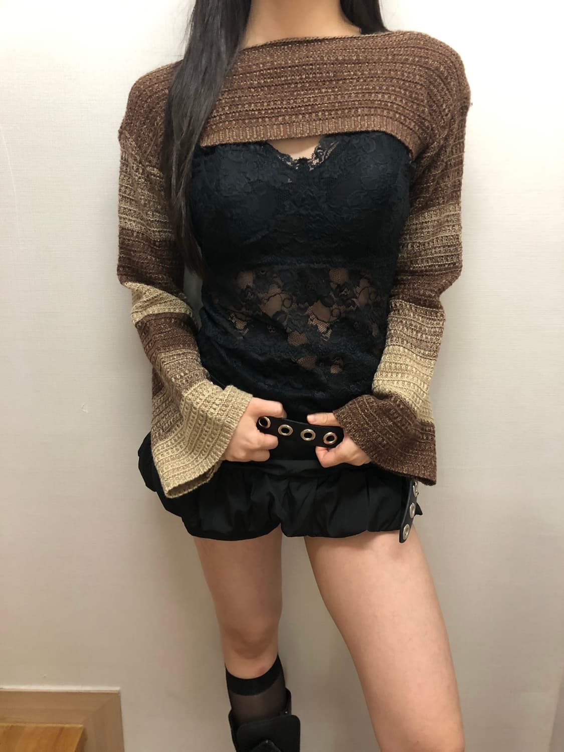 빈티지 브라운 스트라이프 크롭 니트 상품이미지3