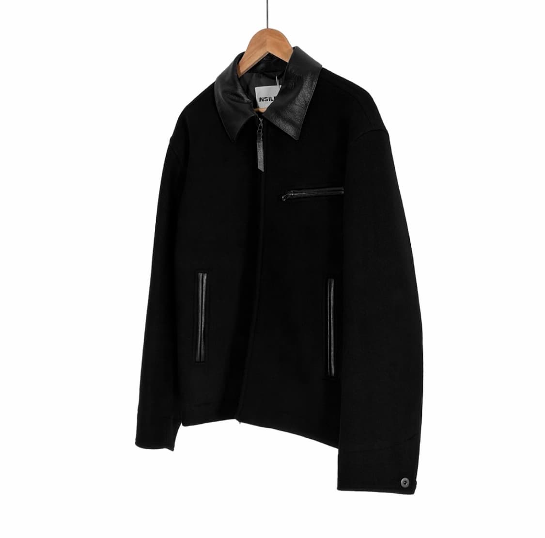 [S] 인사일런스 남성 레더 카라 패치 울 워크 트러커 자켓 블랙 상품이미지1