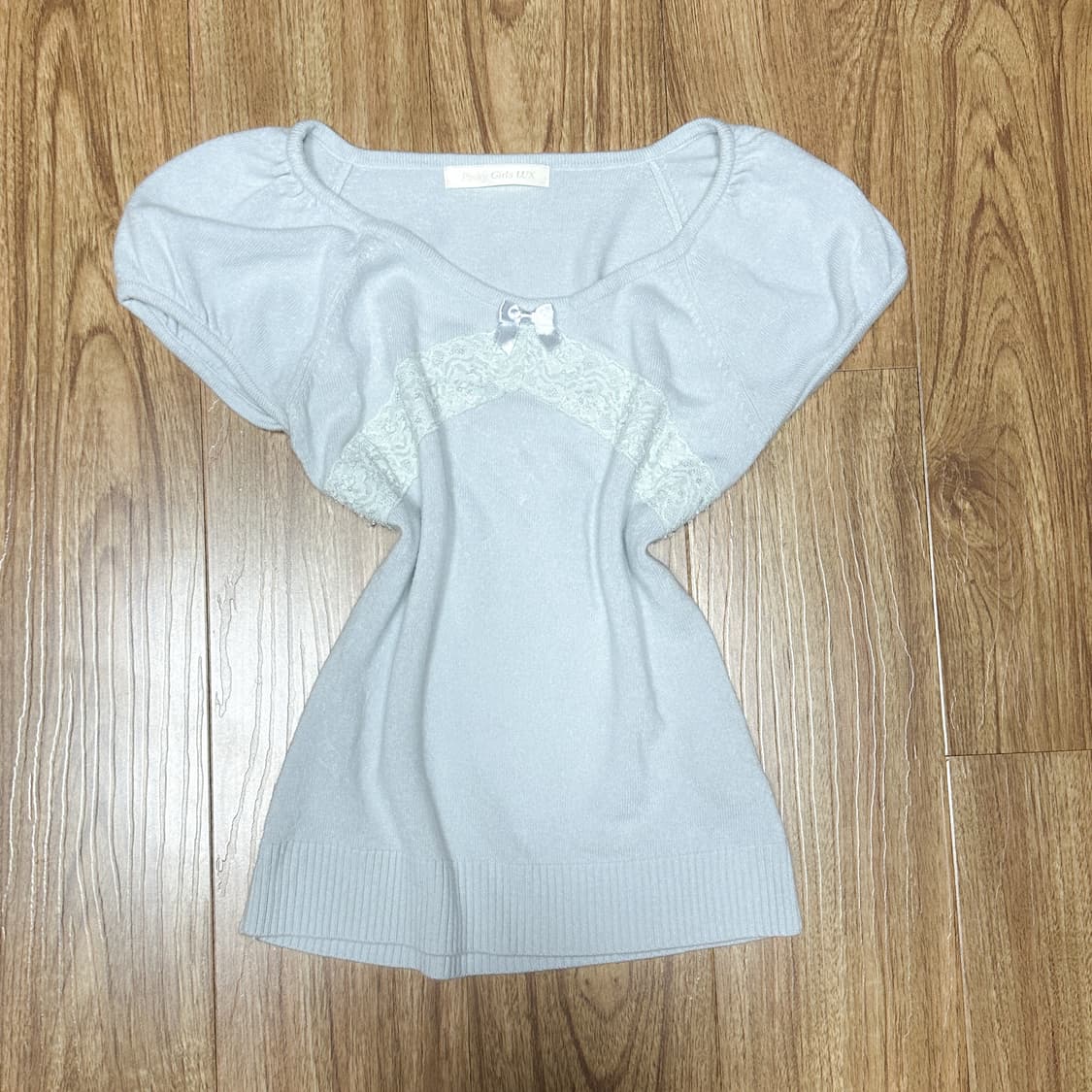 빈티지 소라색 레이스 리본 니트 반팔 티셔츠 히메갸루 로걀 라떼 히메카지 상품이미지1