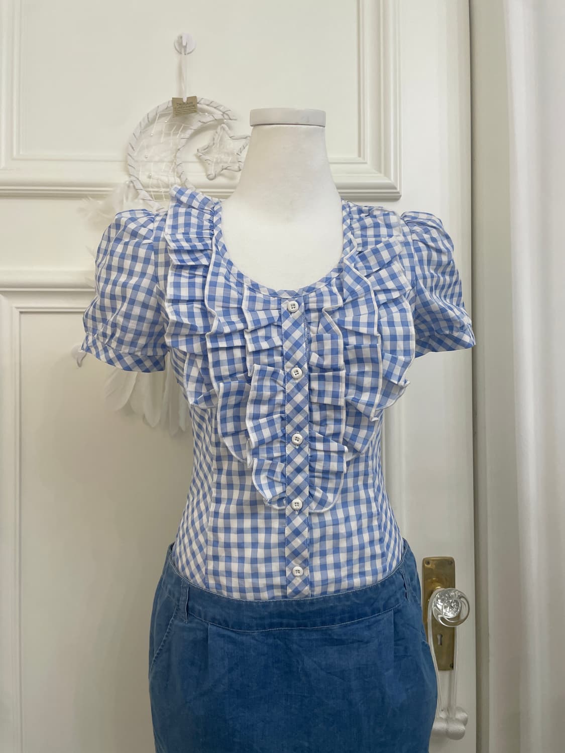 sky blue ginham check ruffle top denim s 상품이미지5