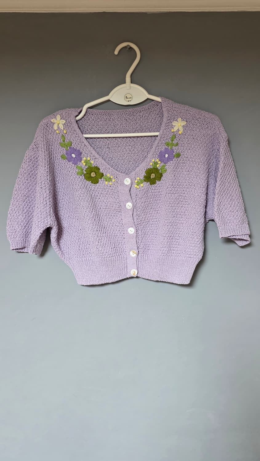 빈티지 반팔 크롭 니트 가디건(연노랑/보라) 상품이미지3