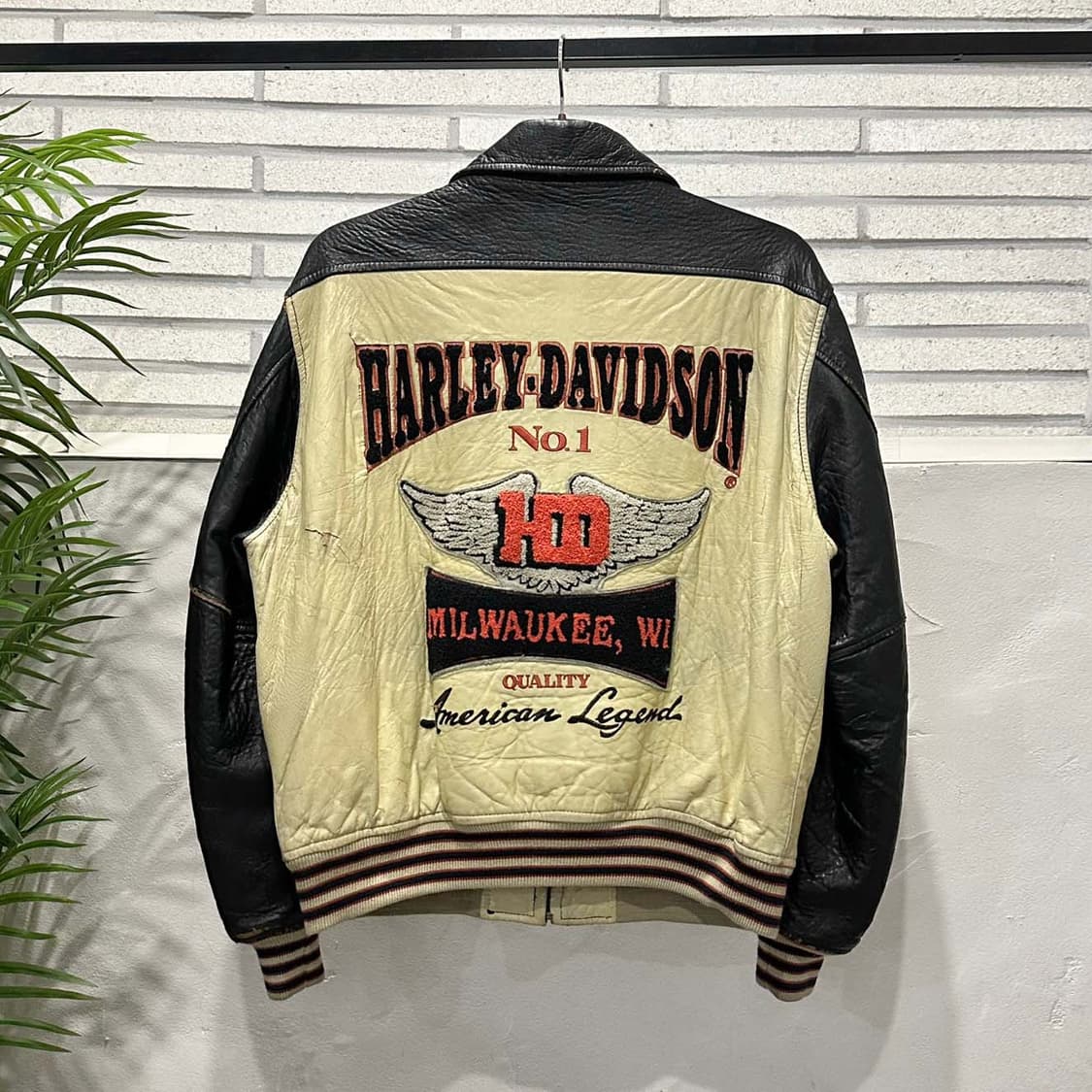 할리데이비슨 가죽 레더 라이더 자켓 패치 레터링 로고 디테일 크림&블랙 상품이미지3