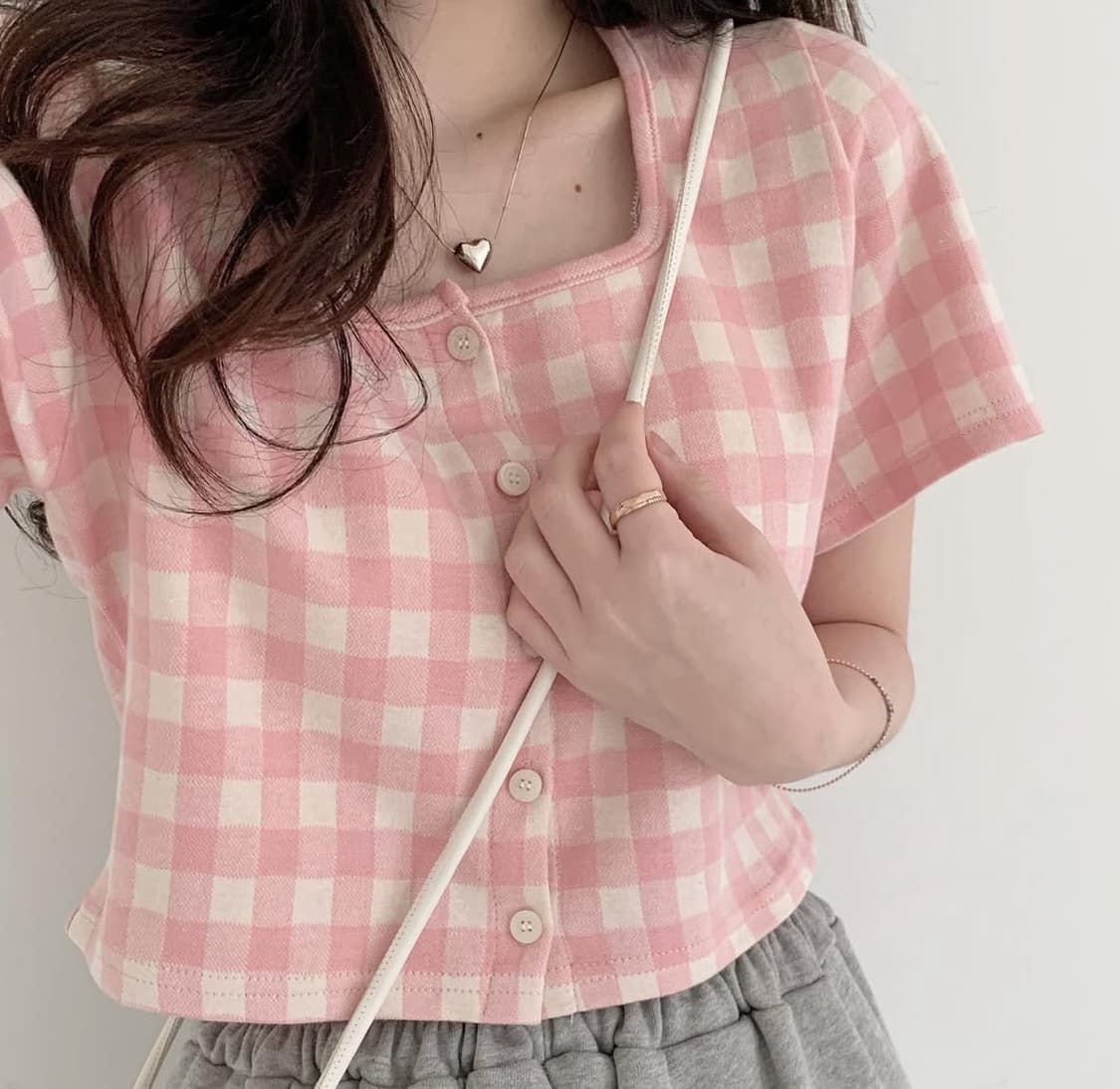 미니포에 체크스퀘어 반팔 pink 상품이미지1