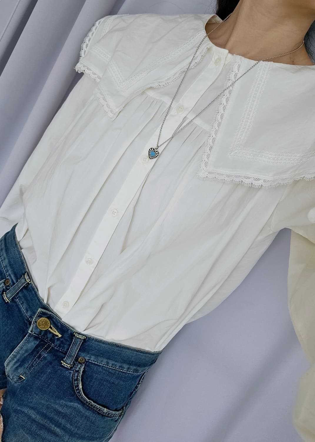 일본빈티지 ZARA 빅카라 블라우스 + Lee 데님 팬츠 세트 상품이미지2