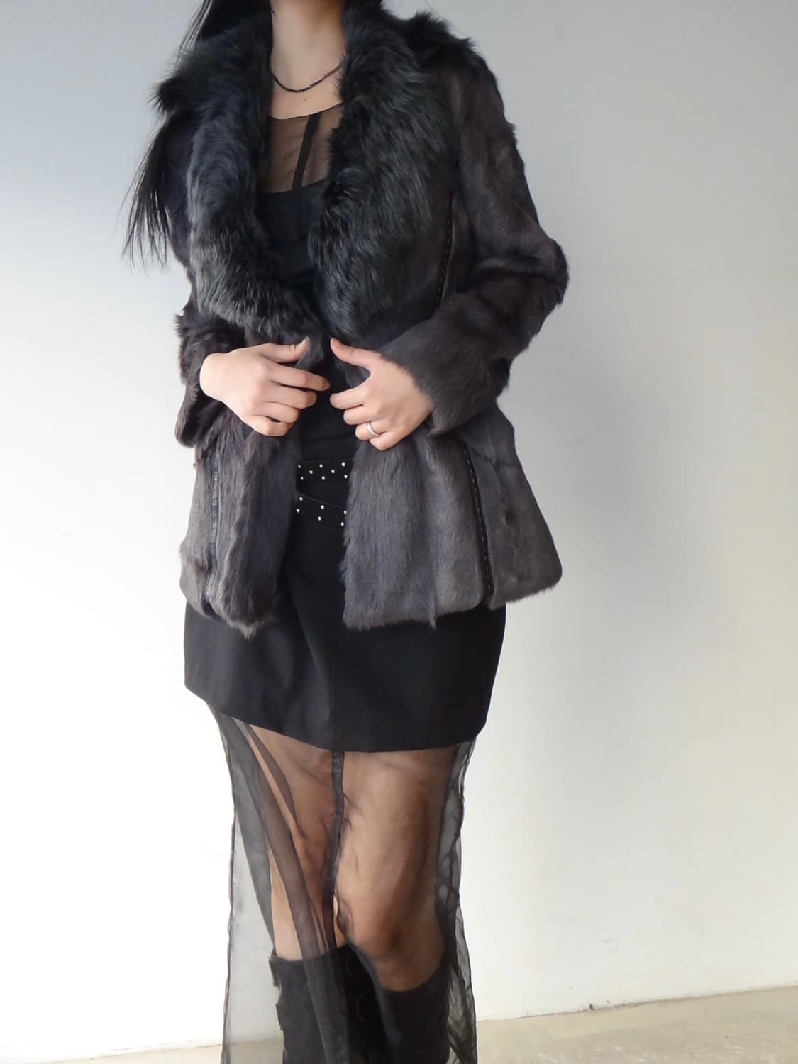 Stitch leather mix fur jacket / grey 상품이미지8