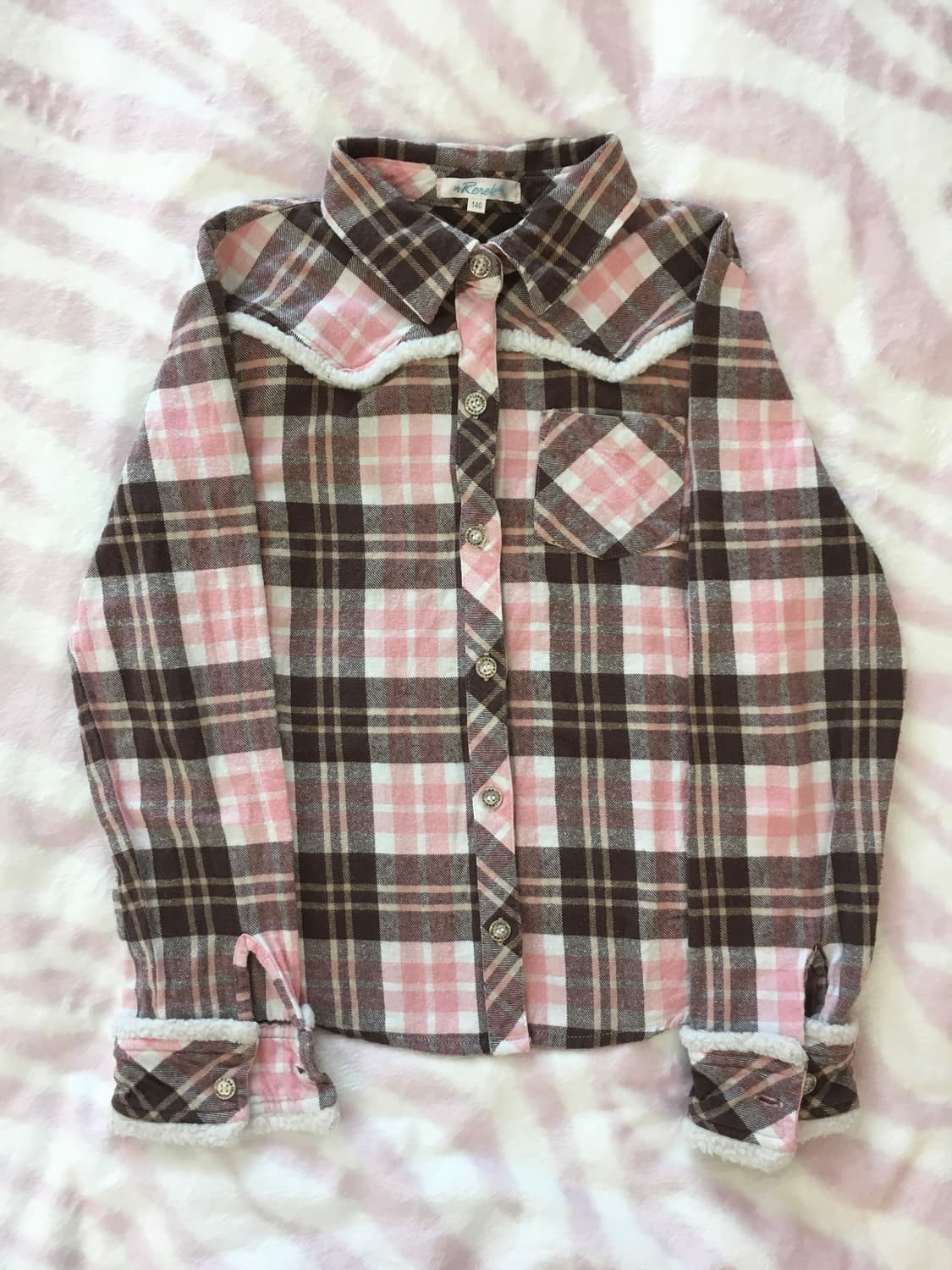 딸기초코 깅엄체크 퍼 셔츠 라떼갸루 모리걸 상품이미지2