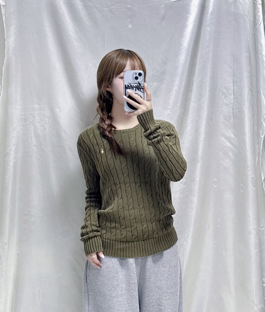 퓰로 랄프로렌 화이트포니 카키 꽈배기 니트  상품이미지1