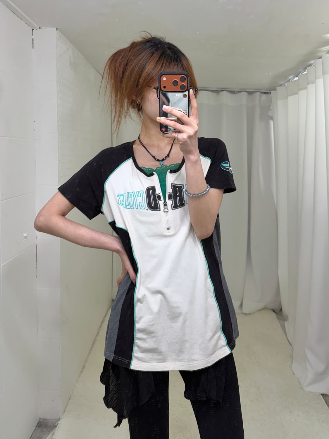 (상의 세트) 할리데이비슨 컬러 배색 반집업 반팔 + 그린 레이스 나시 상품이미지1