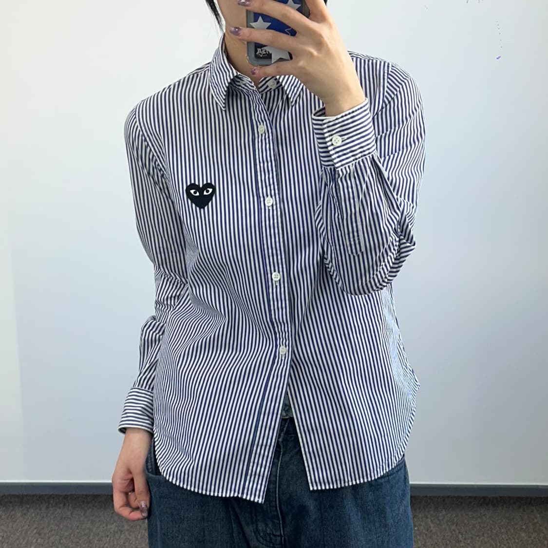 꼼데가르송 블랙 로고 블루 스트라이프 셔츠 상품이미지2