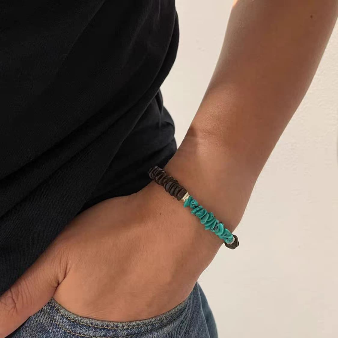 Oceanora 천연 터키석 침향목 실버 비즈 커플 팔찌 상품이미지4