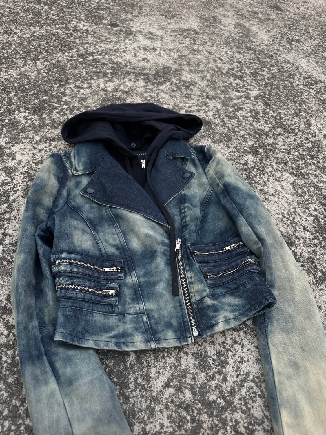 Washed Denim Hooded Biker Jacket 상품이미지2