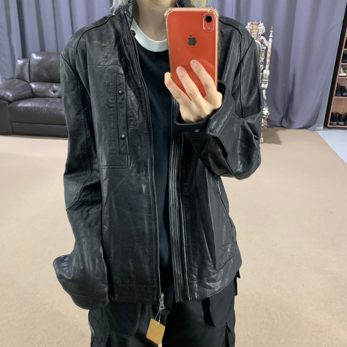 빈티지 퀼팅 포인트 노카라 지퍼 라이더 양가죽 리얼레더 자켓 블랙 상품이미지1