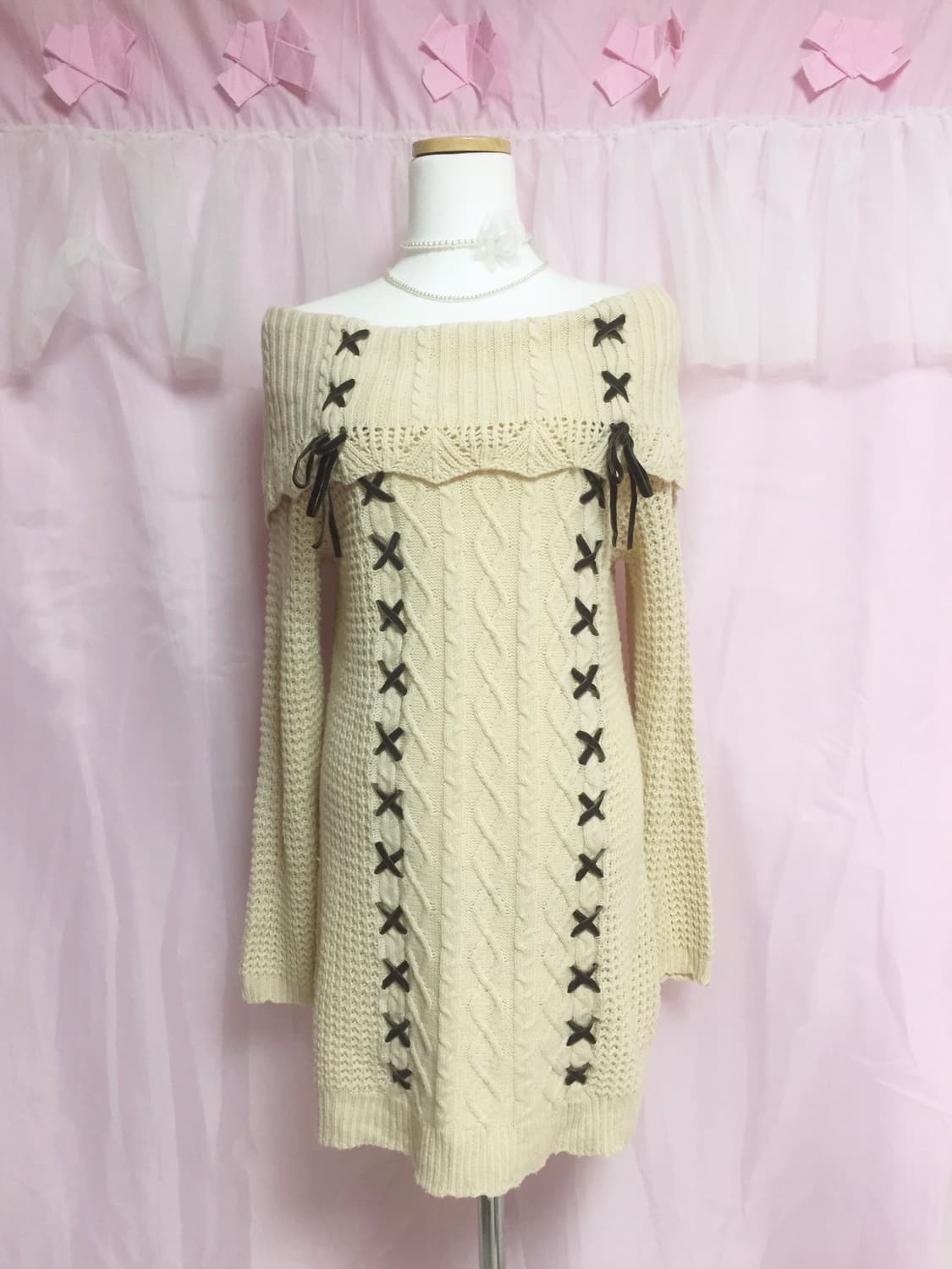 빈티지 라떼갸루 히메갸루 엑시즈팜 오프숄더 리본 니트 상품이미지1