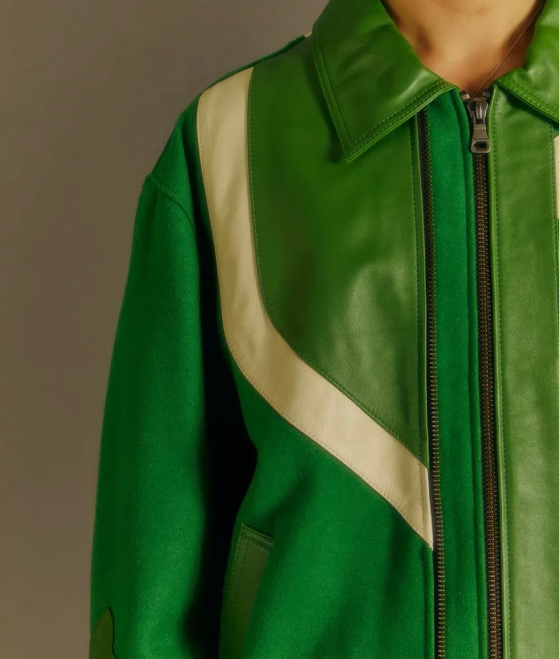 [새상품/XL] 앤더슨벨 모터사이클 레더 바시티 자켓 그린 상품이미지4