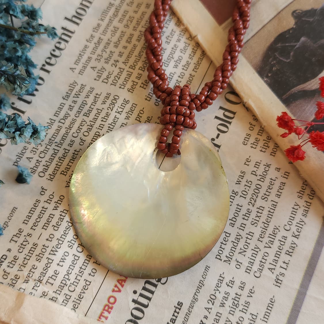 90s 프랑스 빈티지 쥬얼리 에스닉 레드문 자개 목걸이 보헤미안 스타일 상품이미지5