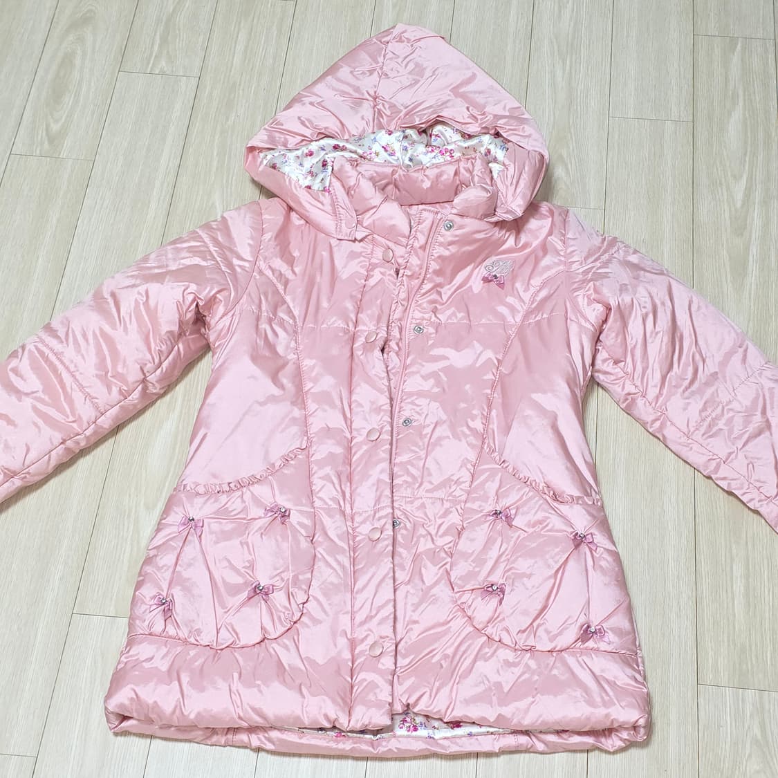 일본빈티지)딸기우유 히메갸루st 플로럴 리본 퀄팅 양산형 핑크로리타 패딩 상품이미지1