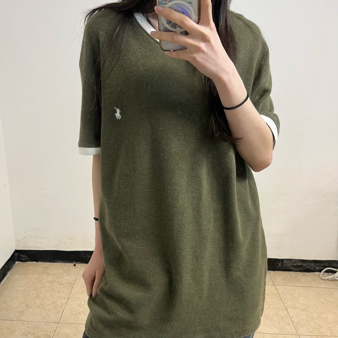 Polo khaki V-neck waffle knit tee 상품이미지3