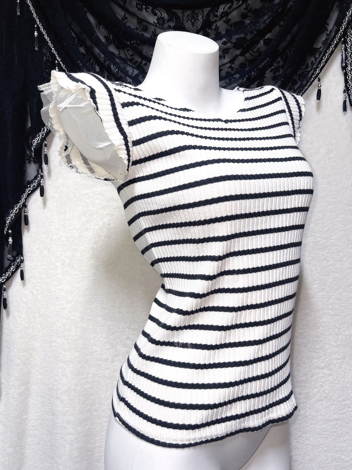 로맨틱갸루 스트라이프 프릴레이스 반팔 로걀탑 베메클 히메 오네 헤이세이 상품이미지2