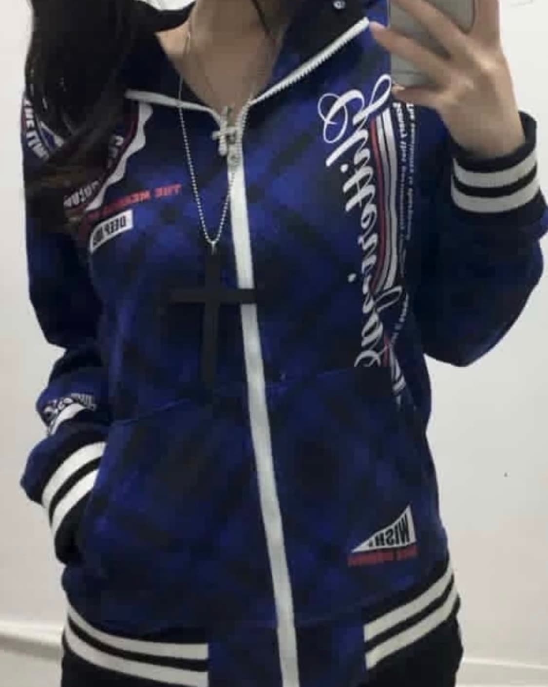 펑크 블루 타탄체크 레터링 후드집업 상품이미지1