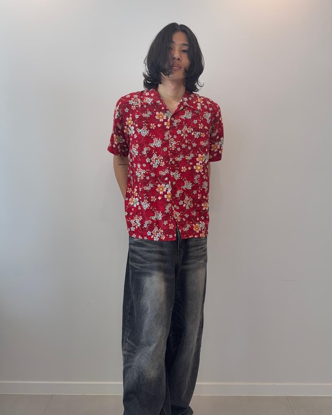 빈티지 하와이안 플라워 반팔 셔츠 레드 상품이미지4