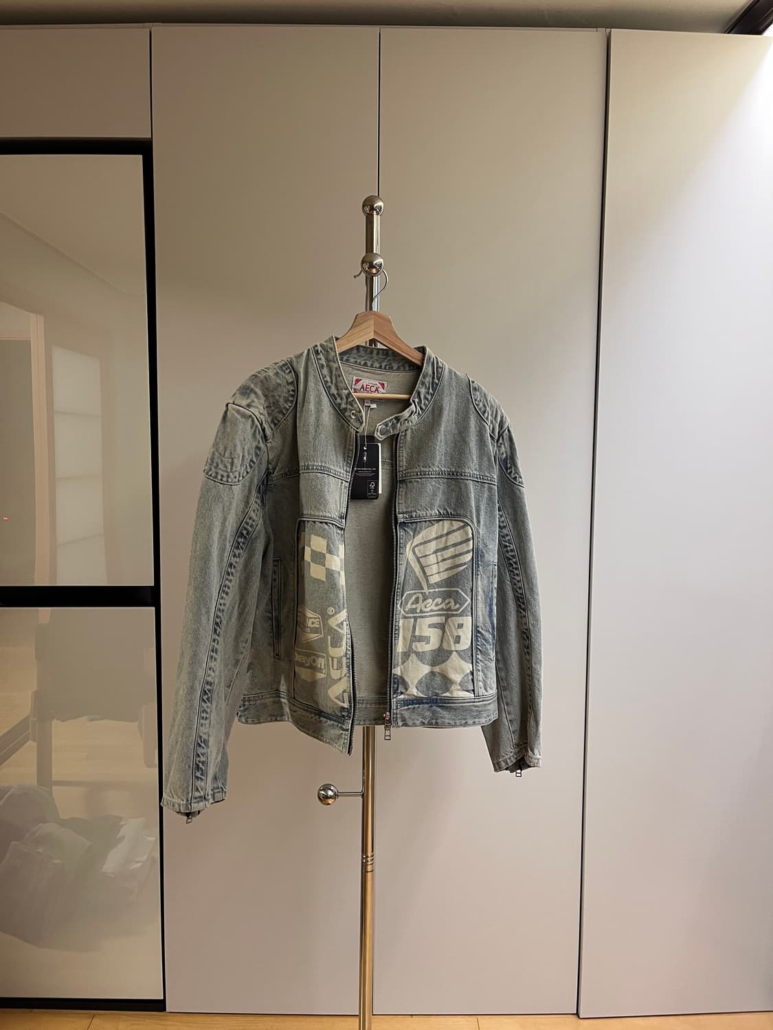 에이카화이트 데님 프린팅 바이커 자켓 M 블루 새상품 상품이미지4