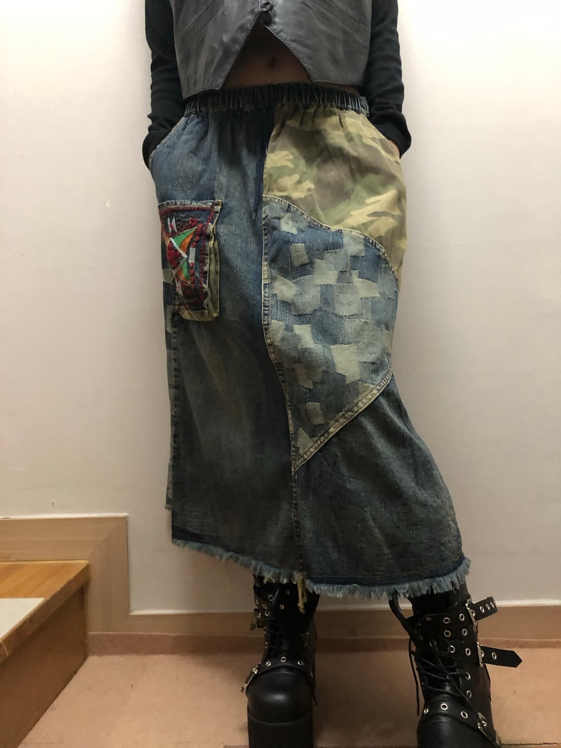 빈티지 데님 카모 패치워크 롱 스커트 상품이미지1