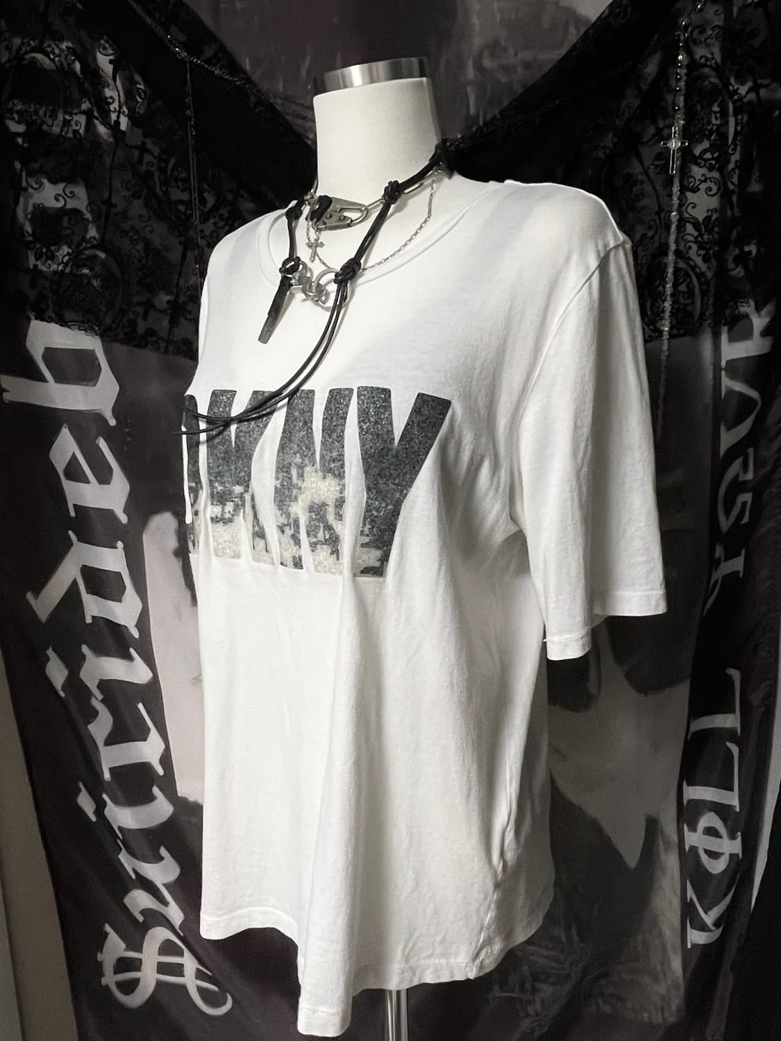 DKNY 00s 글리터반팔티셔츠오버핏 그런지유니섹스빈티지핀터펑크코르티스깔 상품이미지4