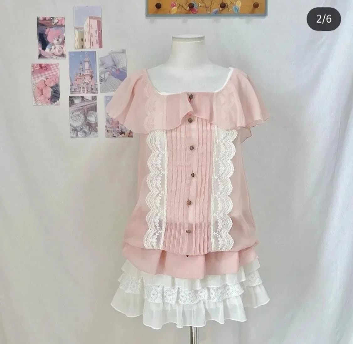 리즈리사) 일본빈티지 로맨틱 핑크히메갸루st 레이스 시스루 프릴 블라우스 상품이미지2