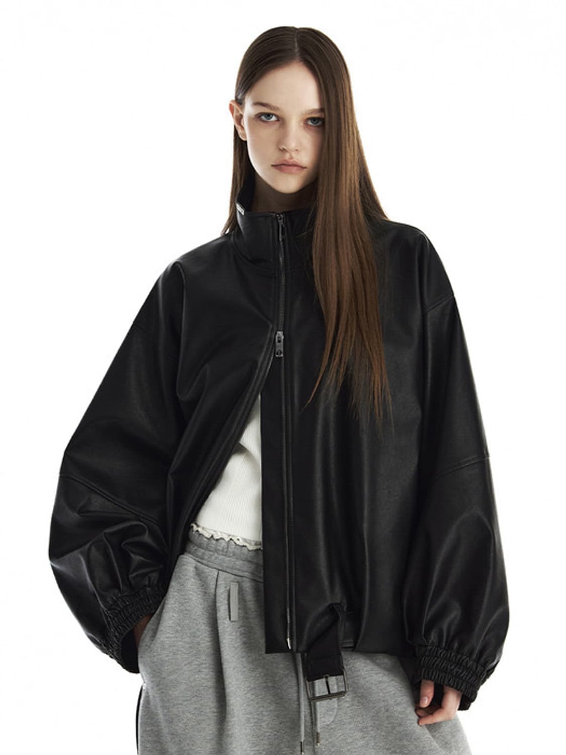 (택O) 트리밍버드 벨티드 오버사이즈 레더 블루종 자켓 상품이미지2