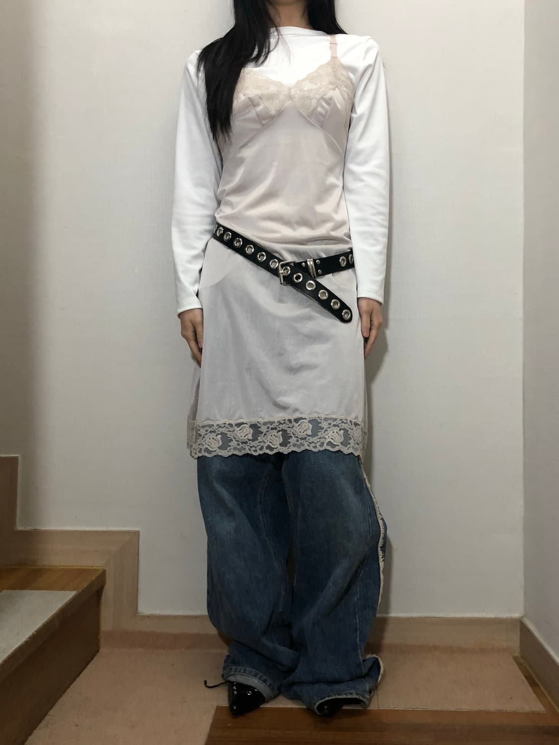 빈티지 라이트그레이 프릴 슬립 원피스 상품이미지5