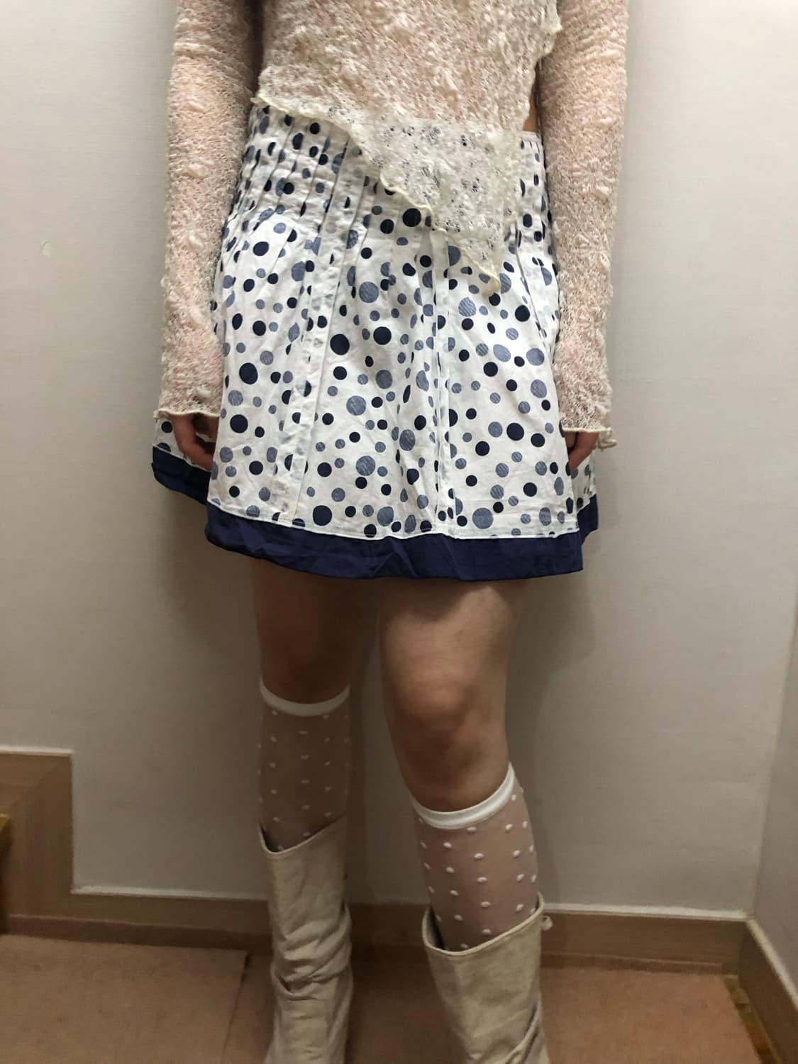 빈티지 화이트 블루 도트 스커트 상품이미지4