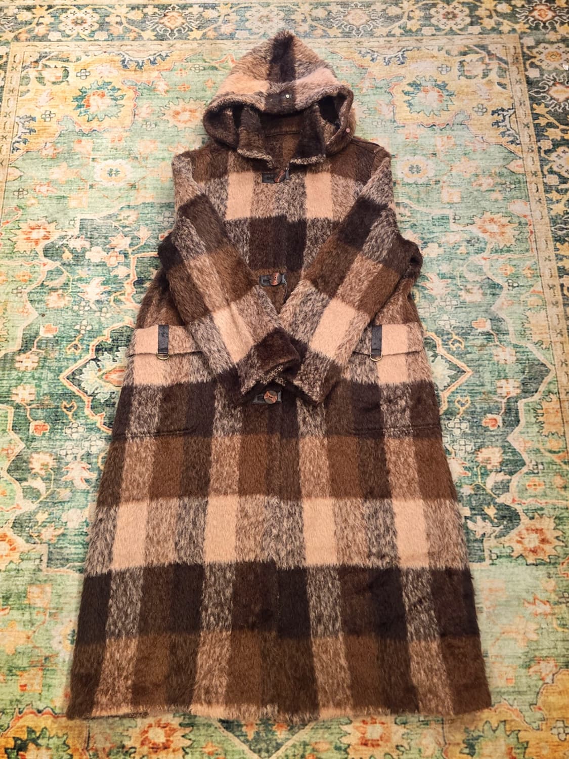 빈티지 체크 모 후드 롱코트 상품이미지1