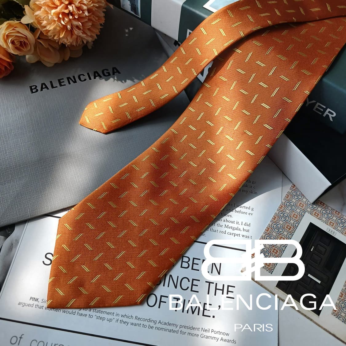 발렌시아가 실크 오렌지 패턴 넥타이 9.5cm A등급 E858 상품이미지2