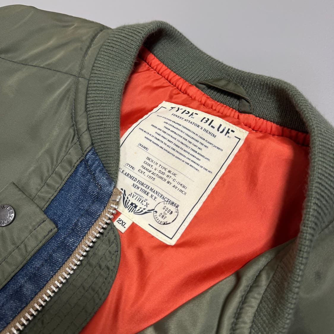 아비렉스 TRIP BLUE 올리브 인디고 데님 MA-1 플라이트 자켓 상품이미지4