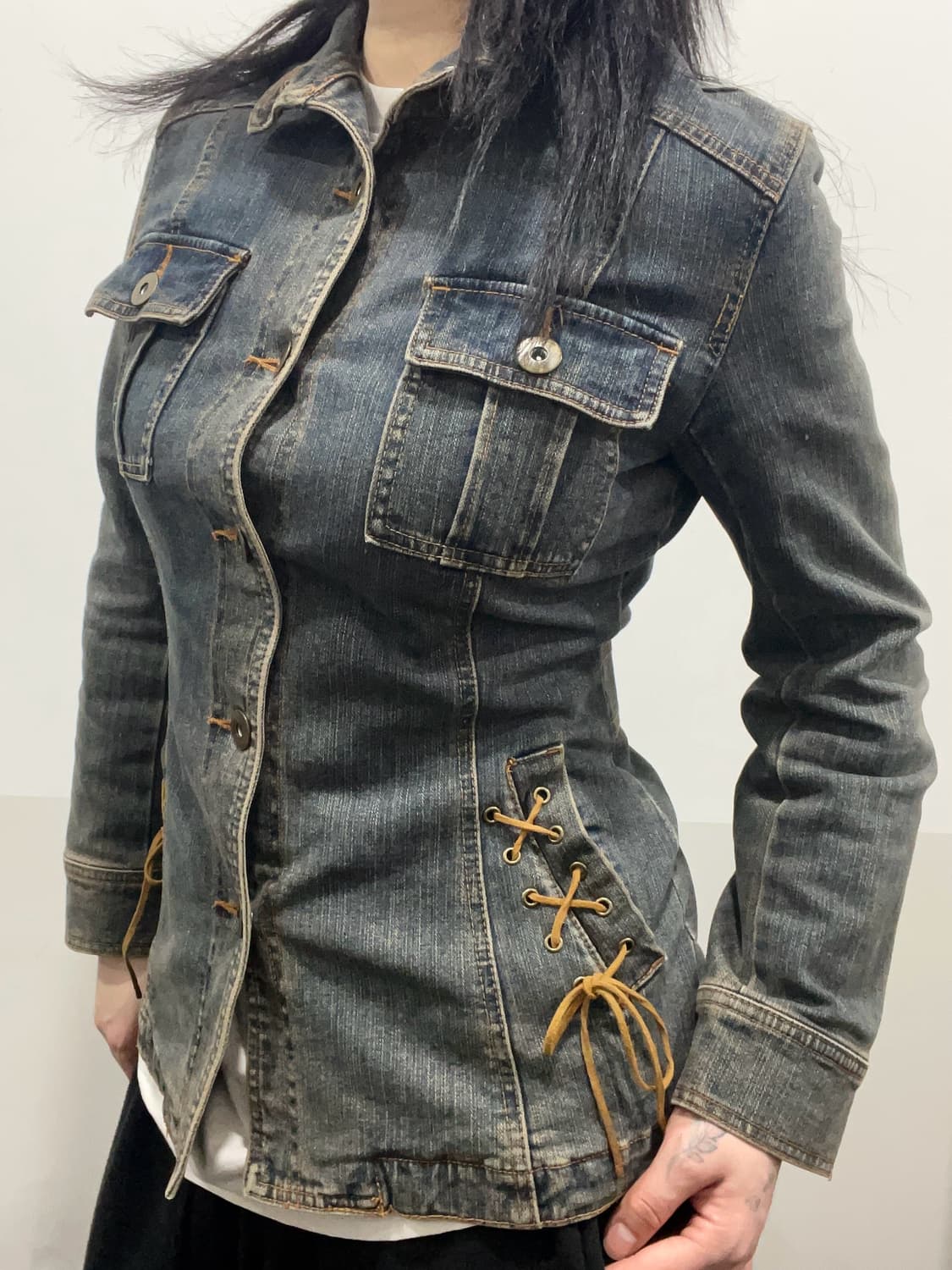 코르셋 레이스업 슬림 워싱 하이넥 데님 자켓 상품이미지2