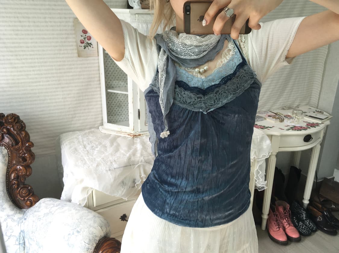 Set)블루 벨벳 레이스 나시 + 레이스 오프숄더 반팔+소라레이스머플러 상품이미지1