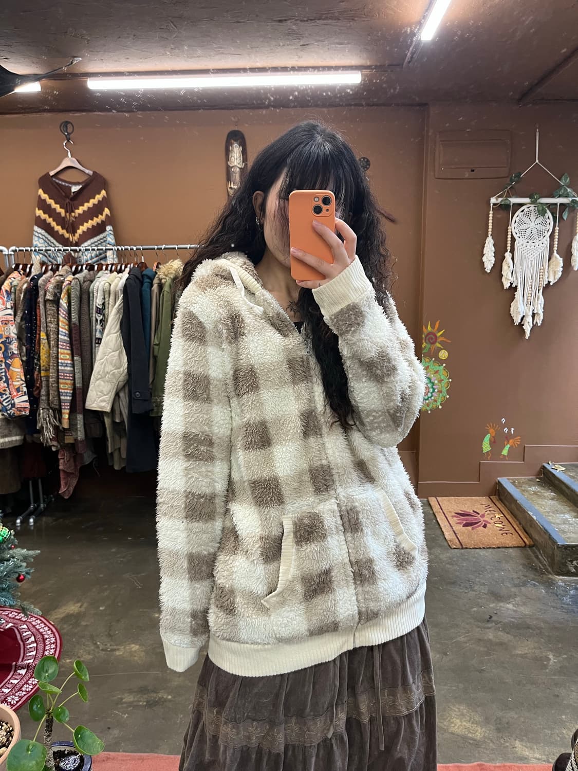 일본무드 체크 패턴 아이보리 플리스 후드집업 상품이미지6