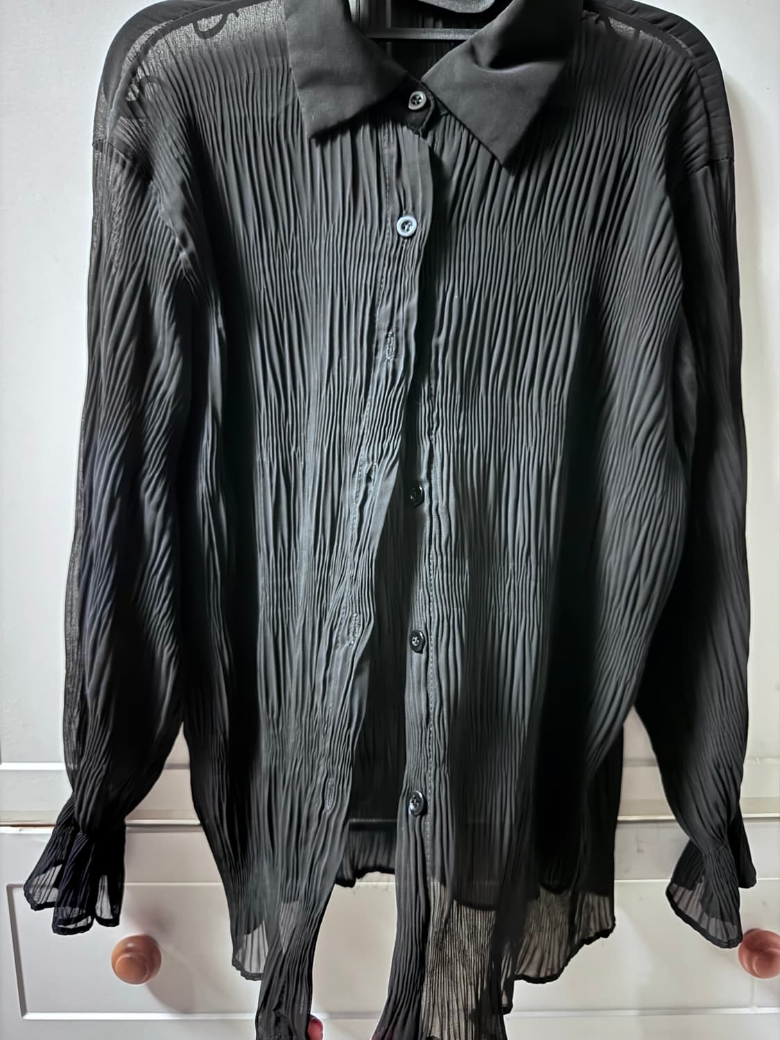 블랙 플리츠 시스루 블라우스 셔츠 상품이미지2