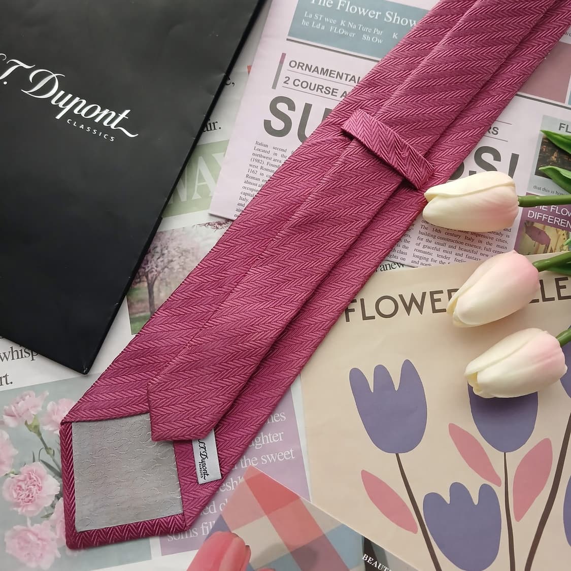 에스 티 듀퐁 실크 다크핑크 헤링본 넥타이 8.4cm A등급 A18712 상품이미지4