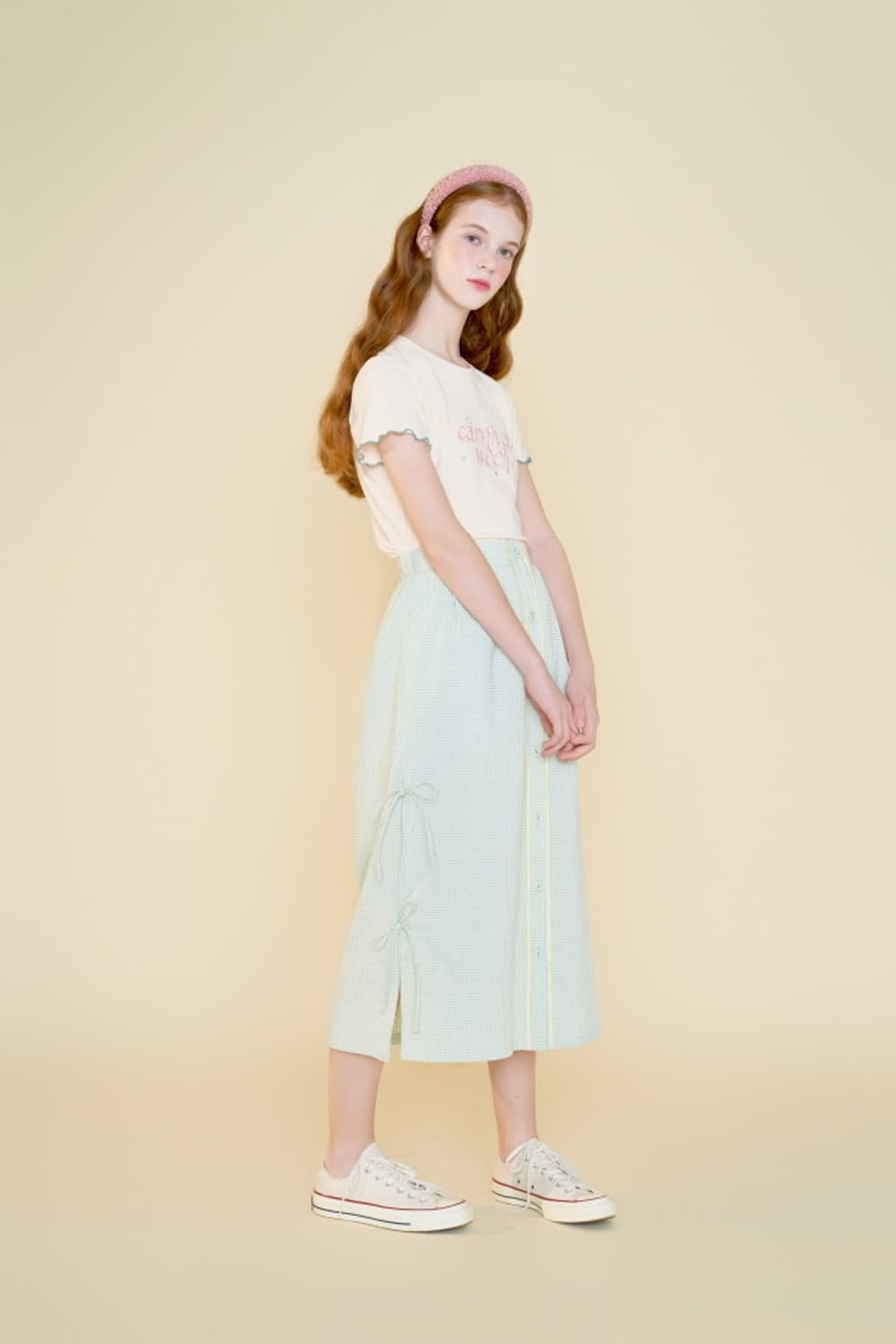 마가린핑거스 모리걸 체크 리본 롱스커트 치마 그린 상품이미지5