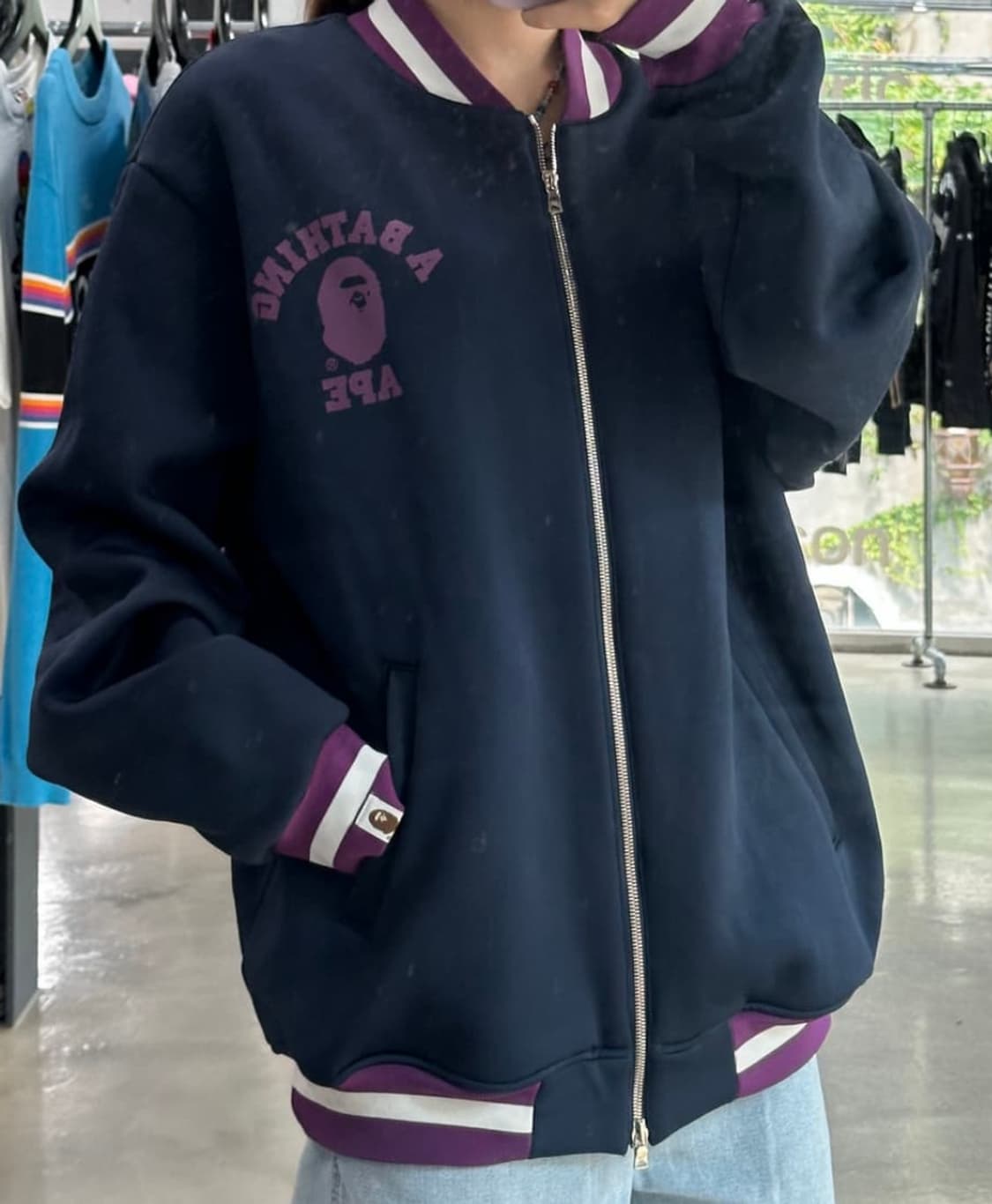 베이프 사루 네이비퍼플 바시티자켓 상품이미지1