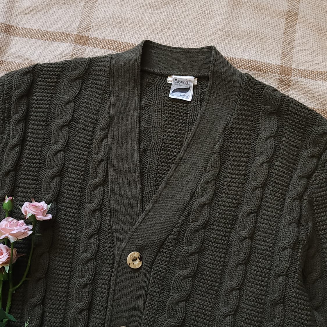90s 프렌치 울 가디건 스웨터 케이블 버튼 가디건 그린 L 상품이미지5