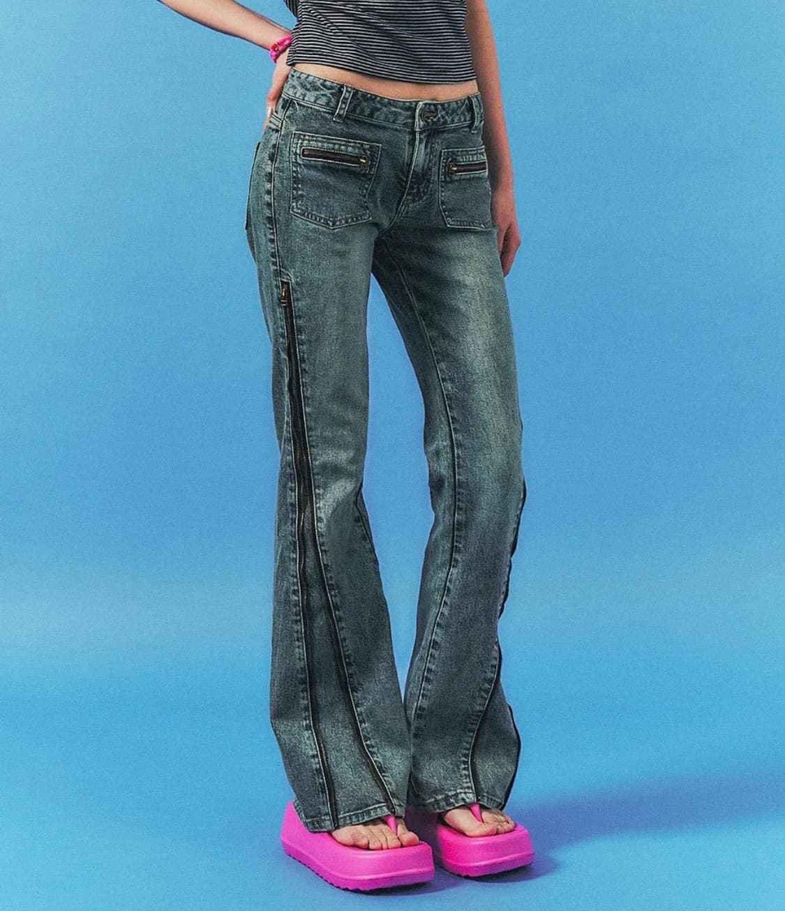 스키즘인듀싱) ZIPPER FLARED JEANS BLUE M 상품이미지1